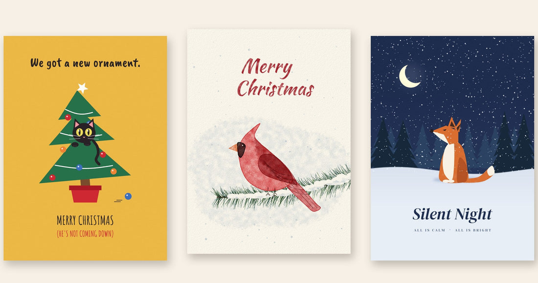 Three Christmas cards from Just Checking In Mail: a cat in a Christmas tree, a watercolor cardinal, and a fox under a starry sky