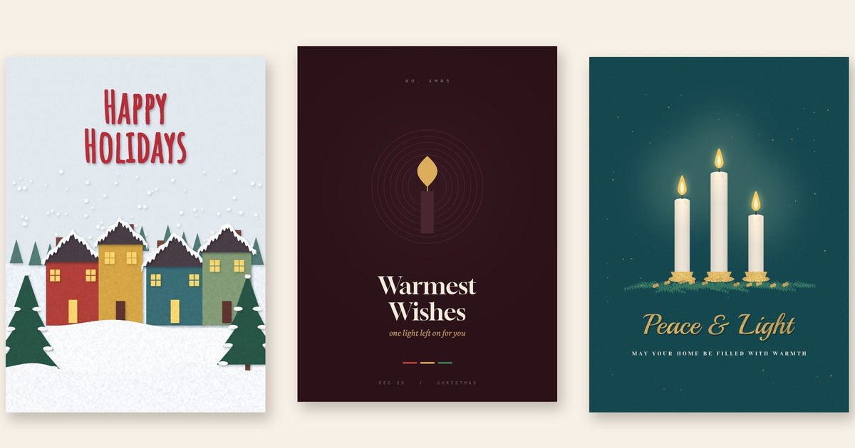 Three holiday cards from Just Checking In Mail: a snowy paper village, a single candle reading Warmest Wishes, and three candles reading Peace and Light