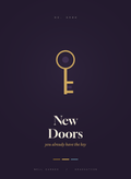 New Doors card, a gold key on deep aubergine