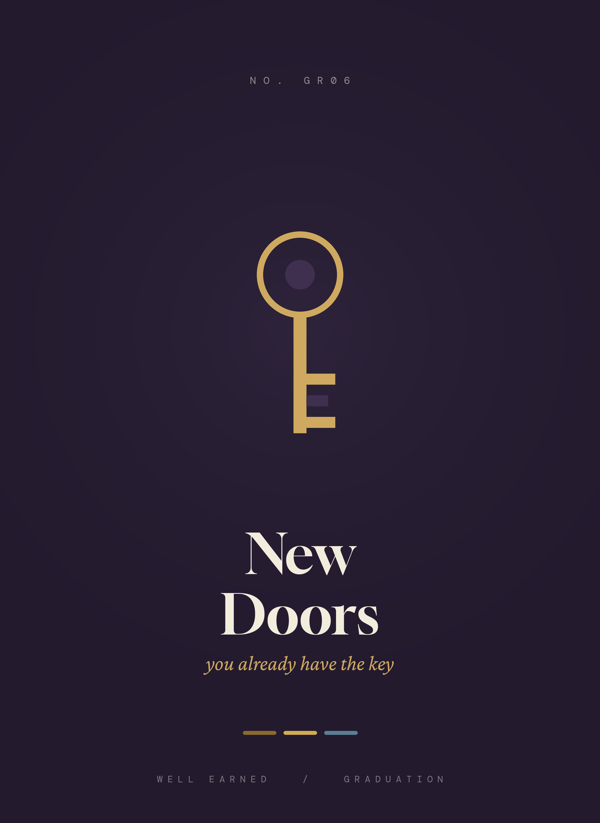 New Doors card, a gold key on deep aubergine