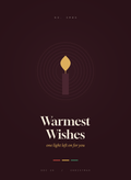 Warmest Wishes card, a gold candle flame ringed with light on deep burgundy