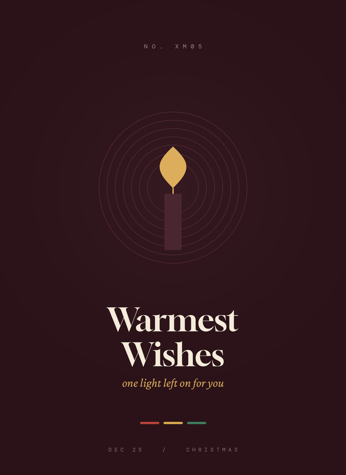 Warmest Wishes card, a gold candle flame ringed with light on deep burgundy