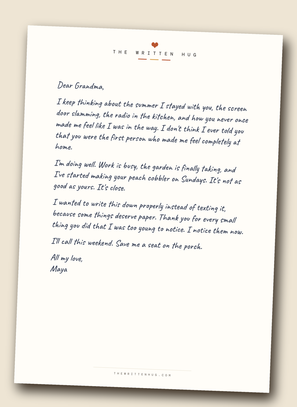 A Real Letter from Just Checking In Mail: a full A4 page, written in real ink and mailed to them
