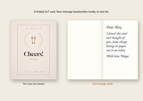 Inside of the Cheers! card: your message handwritten in real ink