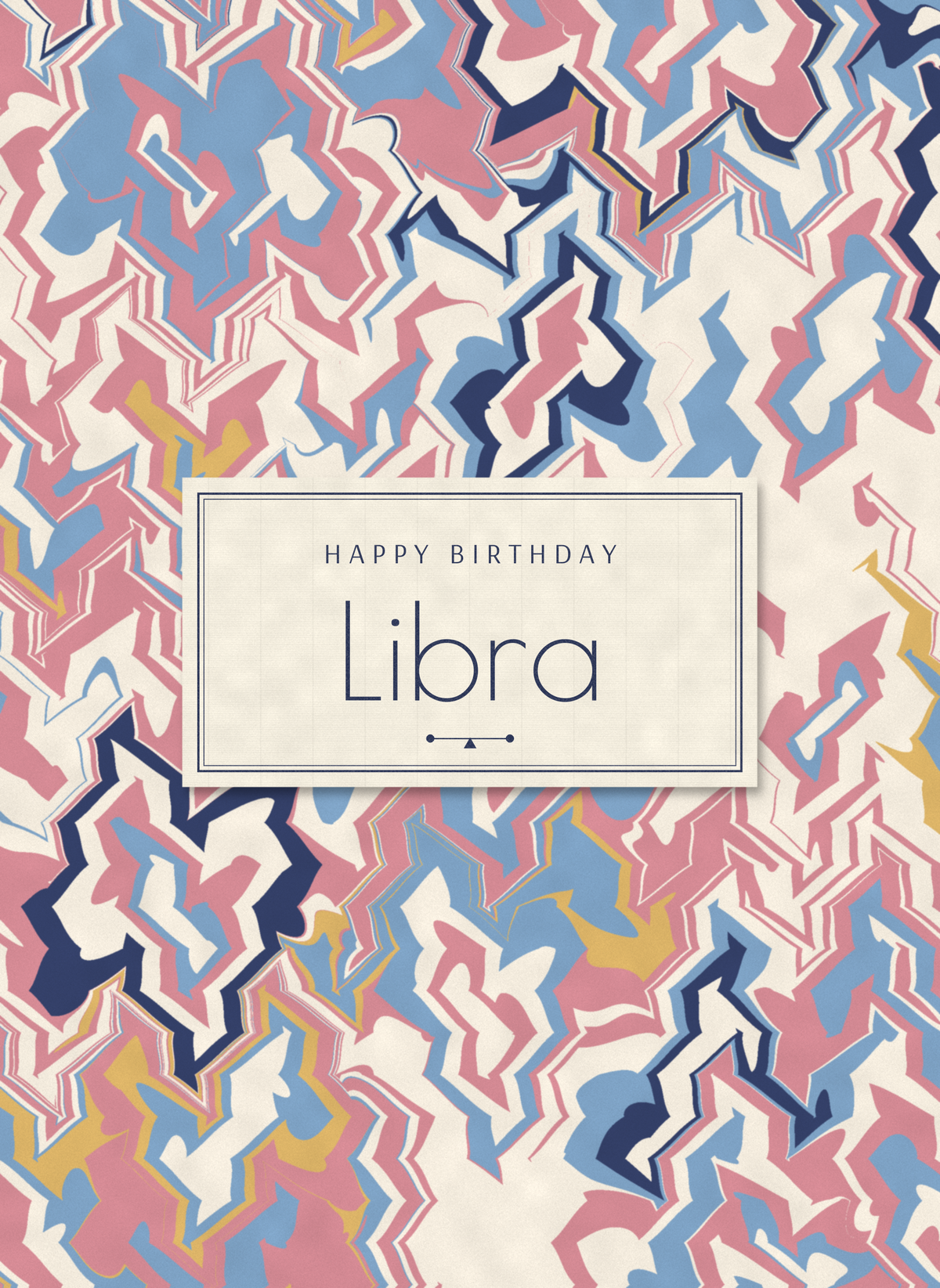 Happy birthday Libra card with marbled paper and a bookplate label