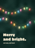 Merry and bright. Christmas card with strings of glowing colored bulbs on a dark pine background, one bulb burnt out
