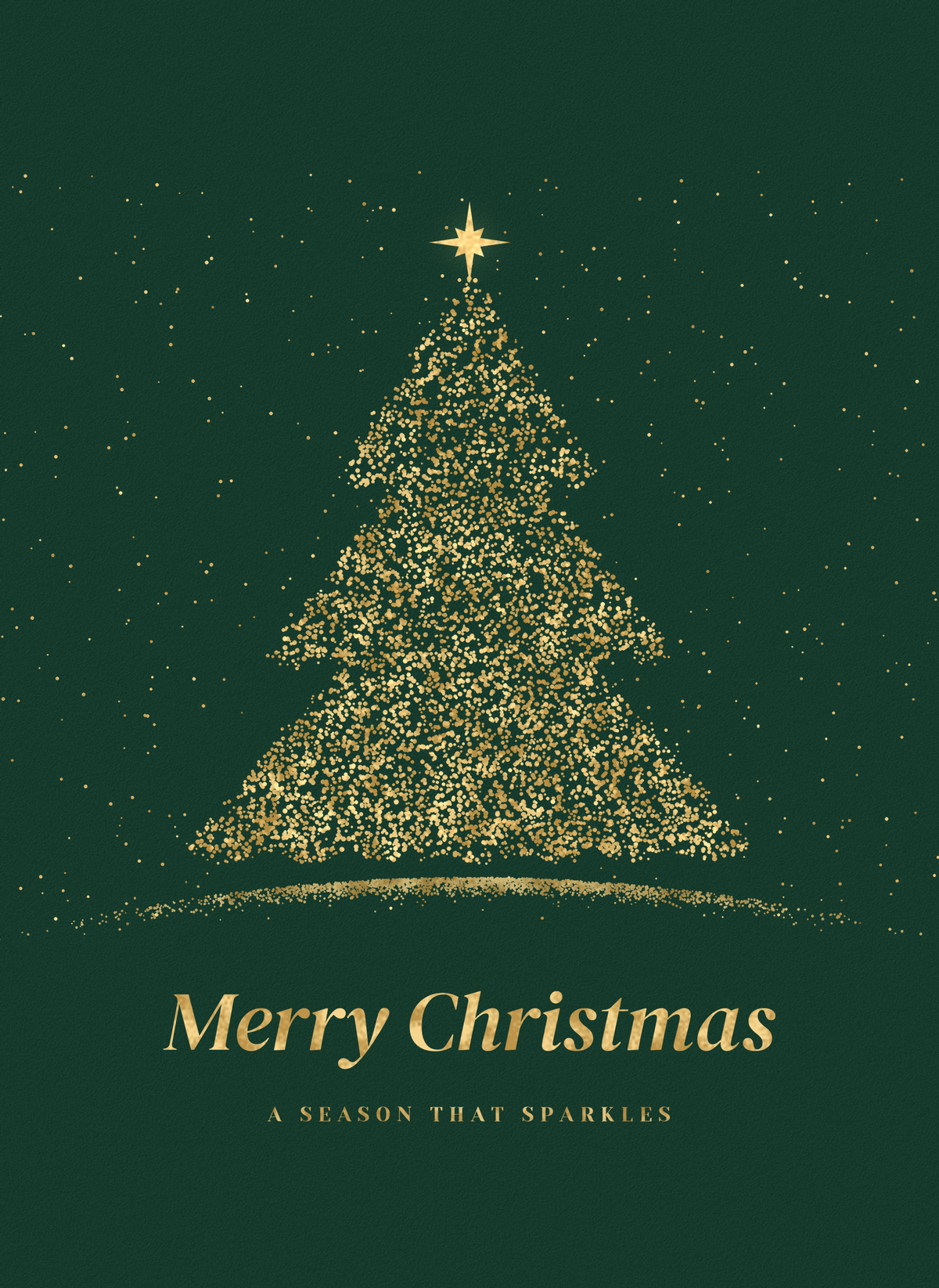 Christmas card with a tree of gold flecks on deep evergreen