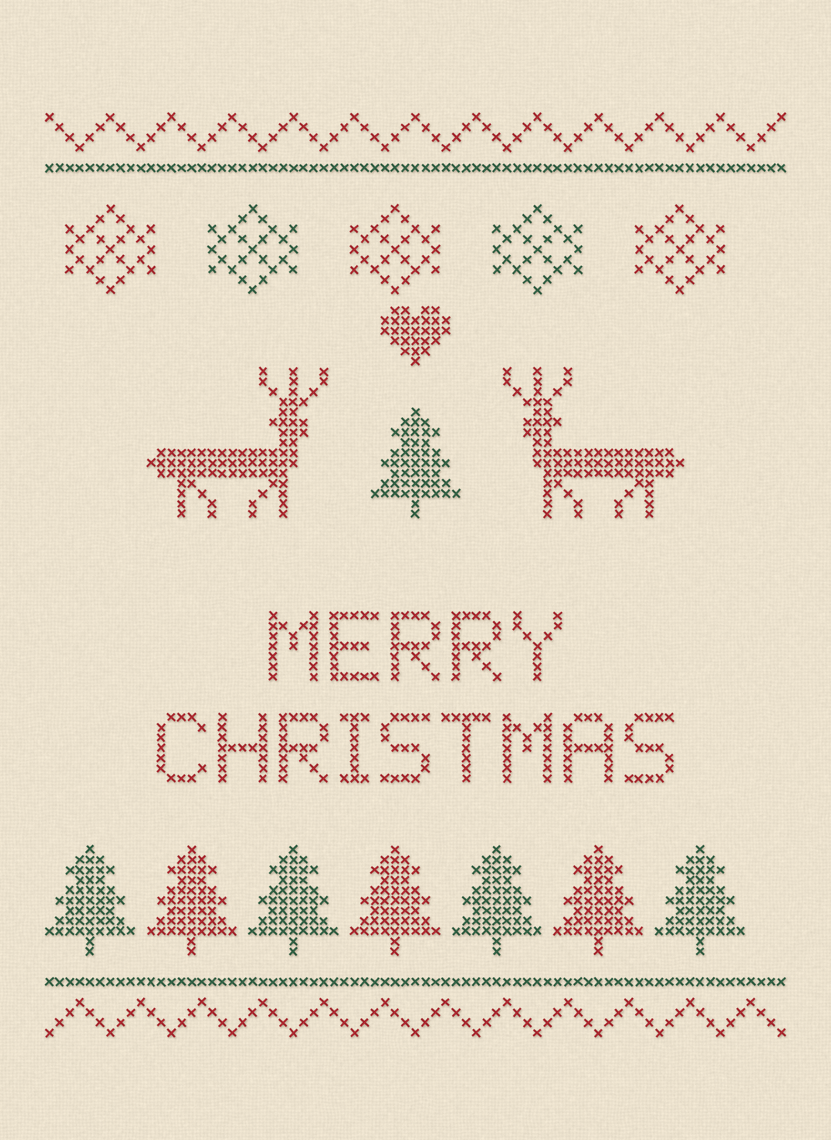 Christmas card with a folk cross-stitch of reindeer, pines and stars