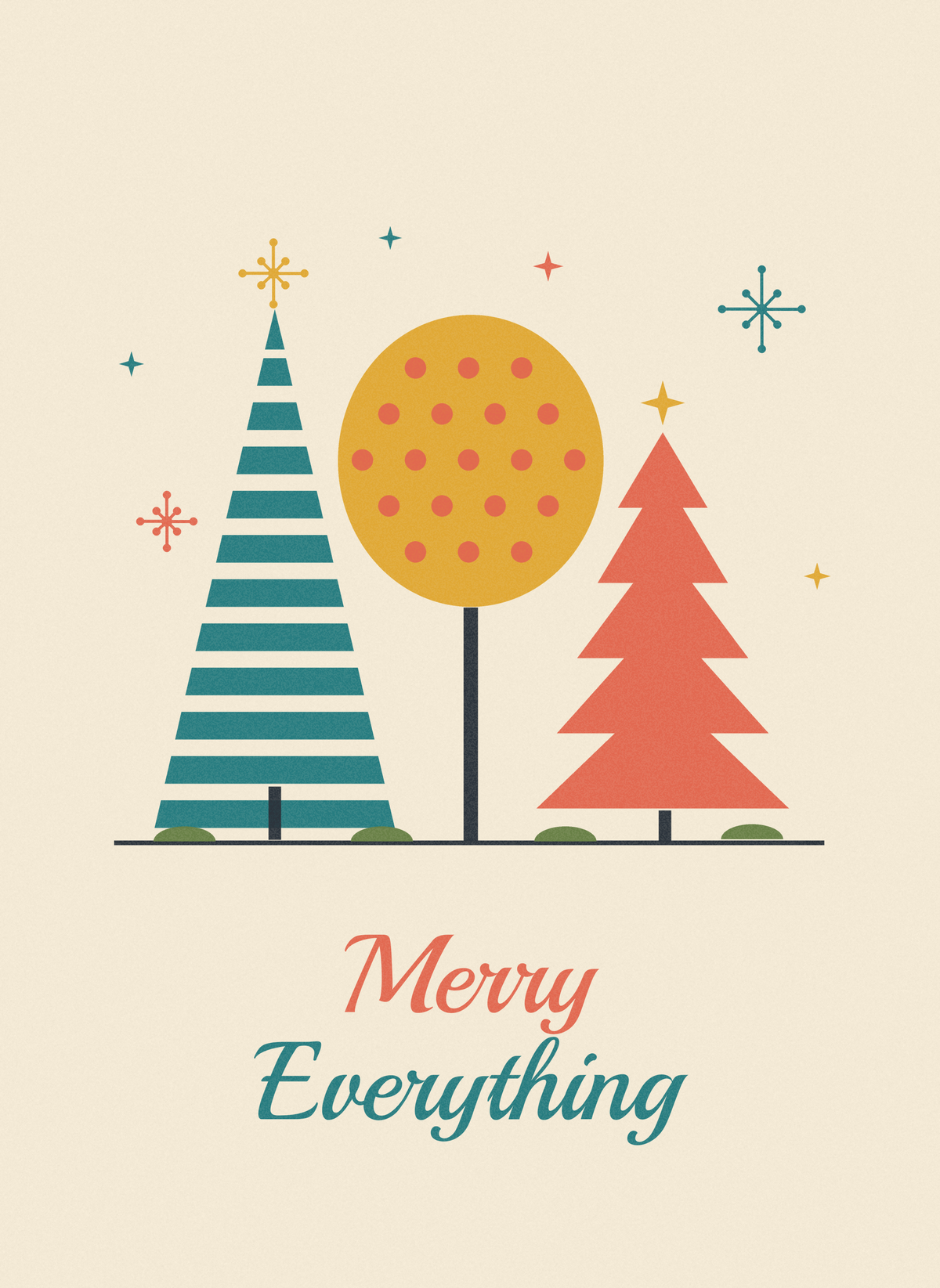 Christmas card with retro mid-century trees and starbursts