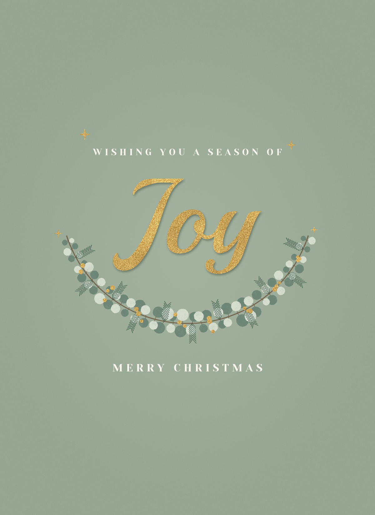 Christmas card with a gold script Joy cradled by eucalyptus