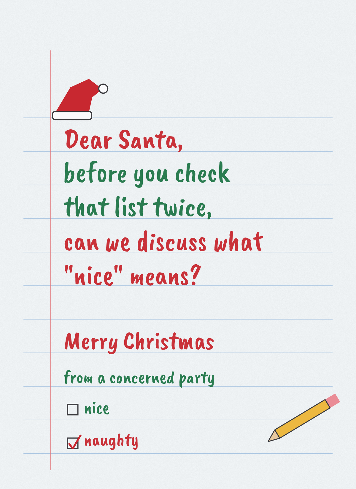 Christmas card with a letter to Santa with the naughty box ticked
