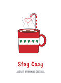 Christmas card with a mug of cocoa with marshmallows and a candy cane