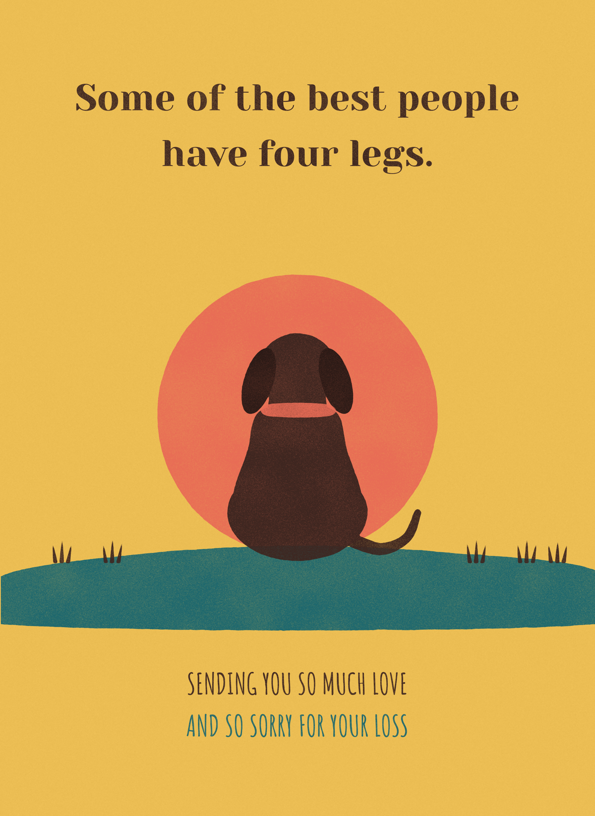 Sympathy card with a dog sitting on a hill watching the sun