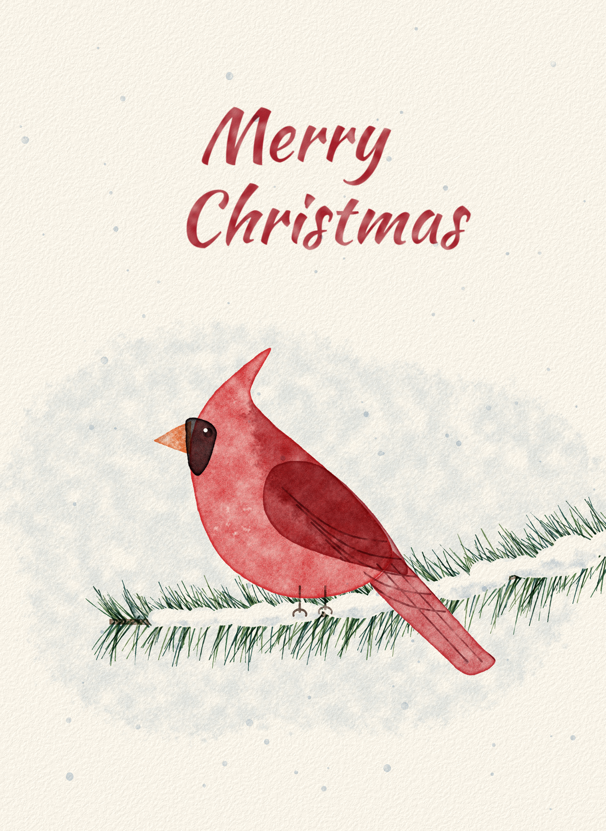 Merry Christmas card with a watercolor red cardinal on a snowy pine branch
